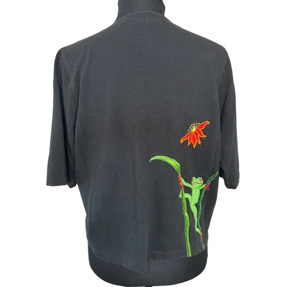 Michael Simon Black Frog and Flower Embroidered Short Sleeve Cardigan Size M - Picture 3 of 6